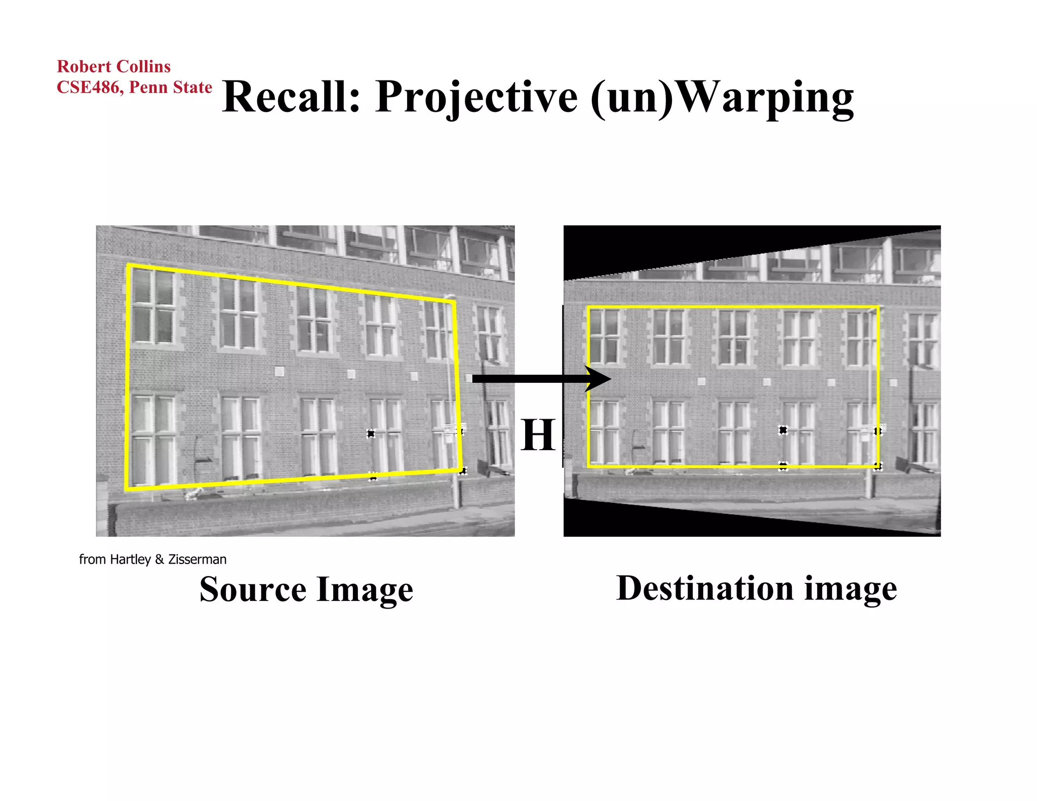 Robert Collins
CSE486, Penn State
                         Recall: Projective (un)Warping




                                       H

  from Hartley & Zisserman

                     Source Image          Destination image
 
