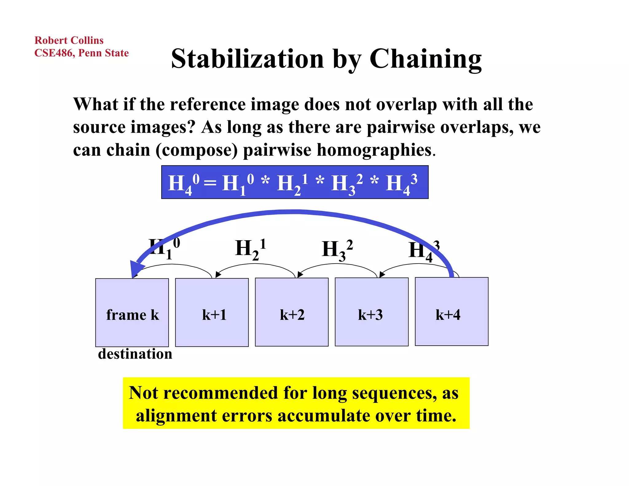 Robert Collins
CSE486, Penn State
                       Stabilization by Chaining
       What if the reference image does not overlap with all the
       source images? As long as there are pairwise overlaps, we
       can chain (compose) pairwise homographies.
                       H40 = H10 * H21 * H32 * H43

                     H10         H21         H32         H43

             frame k       k+1         k+2         k+3     k+4

            destination

                 Not recommended for long sequences, as
                 alignment errors accumulate over time.
 