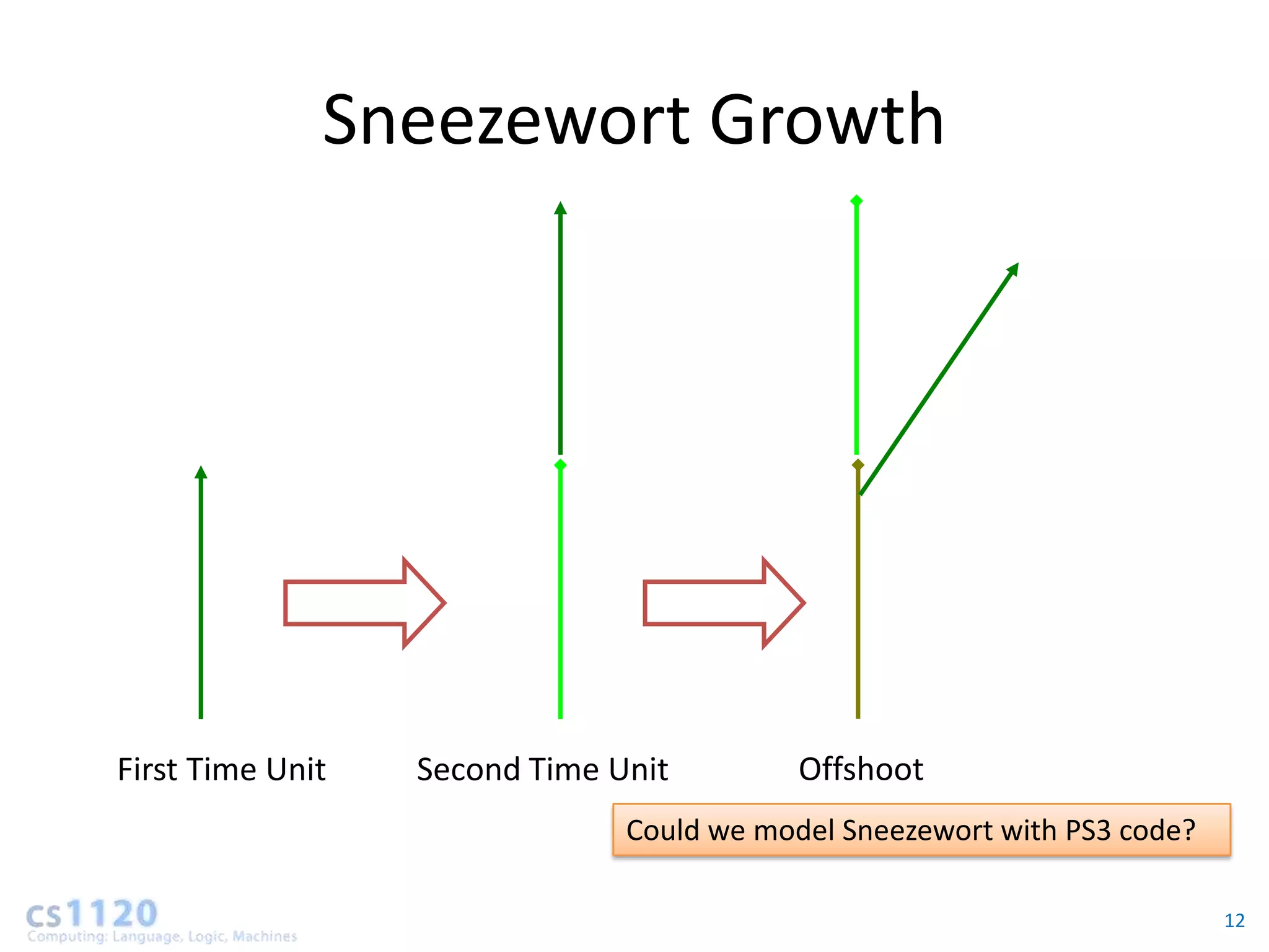 Sneezewort Growth




First Time Unit   Second Time Unit         Offshoot
                               Could we model Sneezewort with PS3 code?

                                                                          12
 