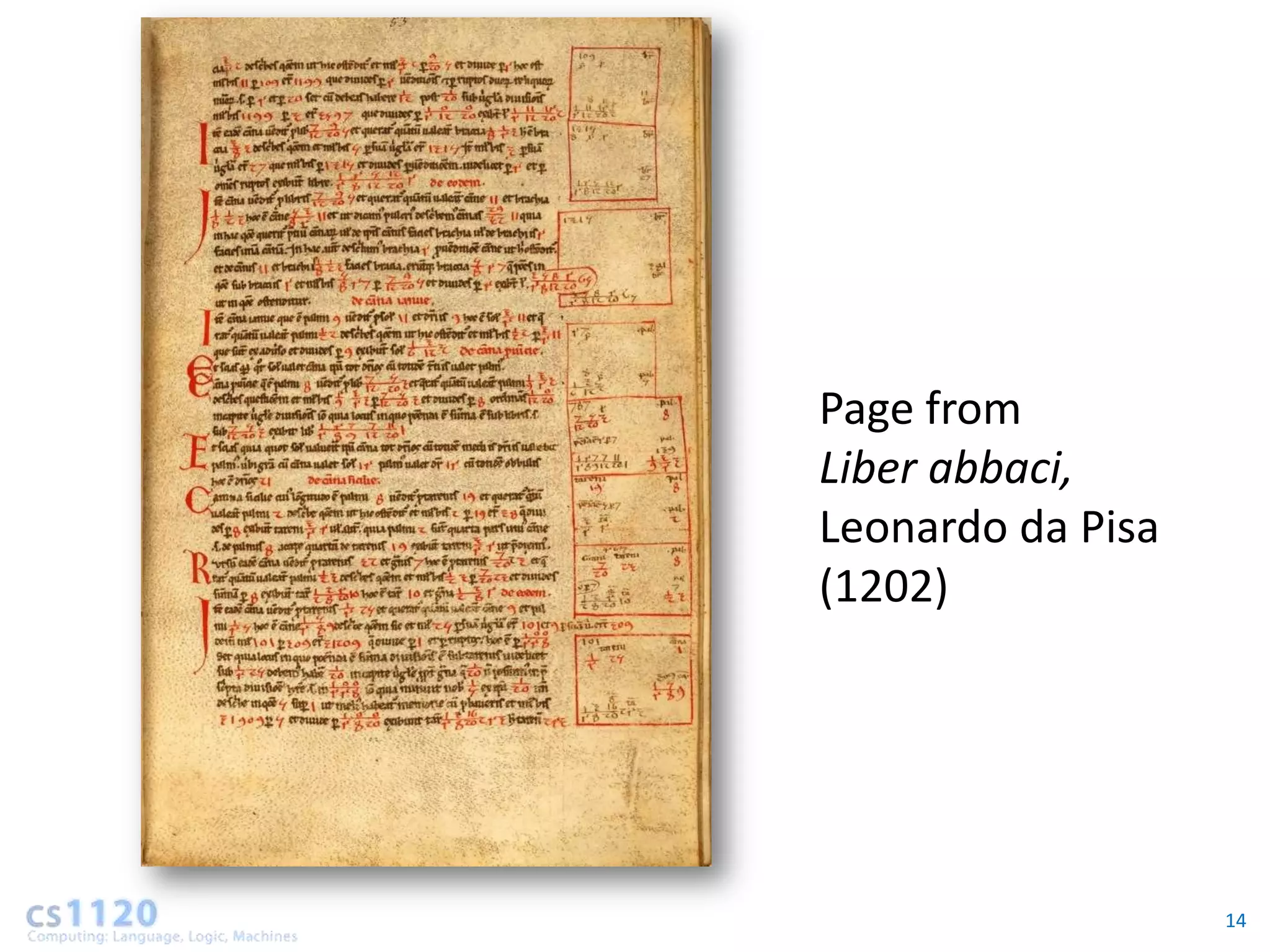 Page from
Liber abbaci,
Leonardo da Pisa
(1202)




                   14
 