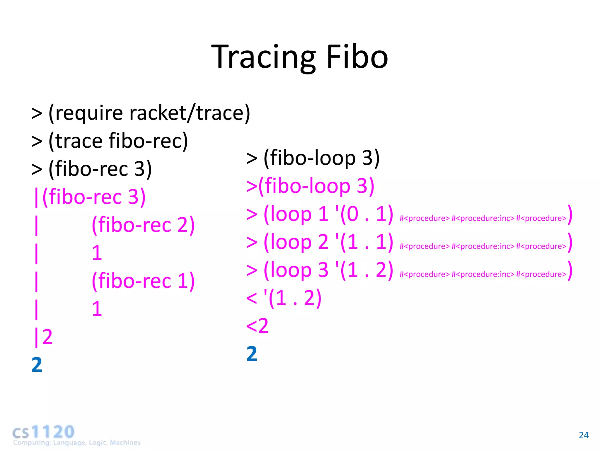 Tracing Fibo
> (require racket/trace)
> (trace fibo-rec)
> (fibo-rec 3)         > (fibo-loop 3)
|(fibo-rec 3)          >(fibo-loop 3)
|      (fibo-rec 2)    > (loop 1 '(0 . 1)   #<procedure> #<procedure:inc> #<procedure>   )
|      1               > (loop 2 '(1 . 1)   #<procedure> #<procedure:inc> #<procedure>   )
|      (fibo-rec 1)    > (loop 3 '(1 . 2)   #<procedure> #<procedure:inc> #<procedure>   )
|      1               < '(1 . 2)
|2                     <2
2                      2


                                                                                             24
 