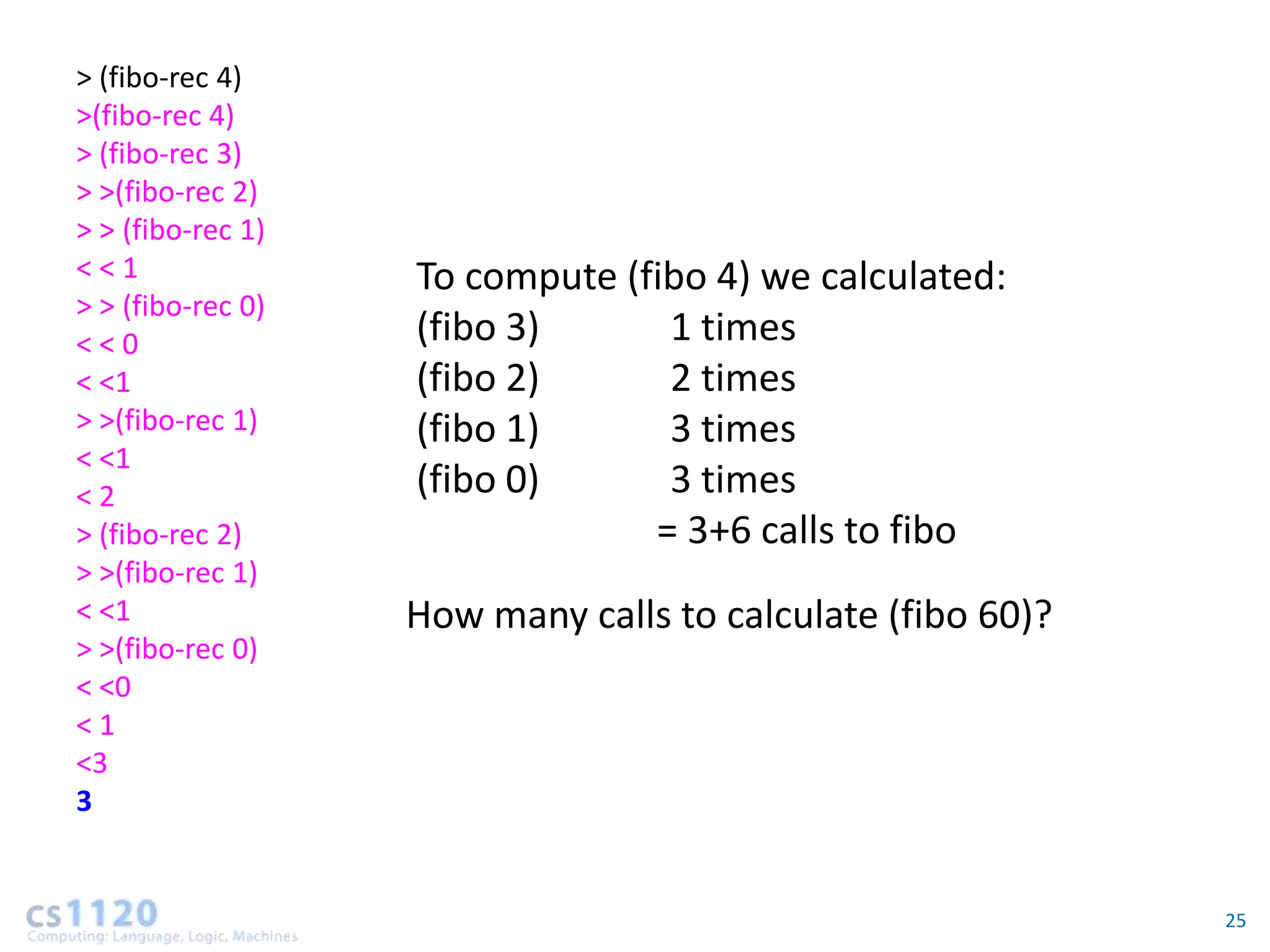 > (fibo-rec 4)
>(fibo-rec 4)
> (fibo-rec 3)
> >(fibo-rec 2)
> > (fibo-rec 1)
<<1                To compute (fibo 4) we calculated:
> > (fibo-rec 0)
<<0                (fibo 3)      1 times
< <1               (fibo 2)      2 times
> >(fibo-rec 1)    (fibo 1)      3 times
< <1
<2                 (fibo 0)      3 times
> (fibo-rec 2)                  = 3+6 calls to fibo
> >(fibo-rec 1)
< <1               How many calls to calculate (fibo 60)?
> >(fibo-rec 0)
< <0
<1
<3
3


                                                            25
 