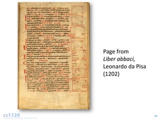 Page from
Liber abbaci,
Leonardo da Pisa
(1202)




                   14
 