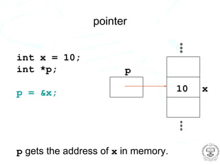 pointer


int x = 10;
int *p;                 p

p = &x;                              10   x




p gets the address of x in memory.
 