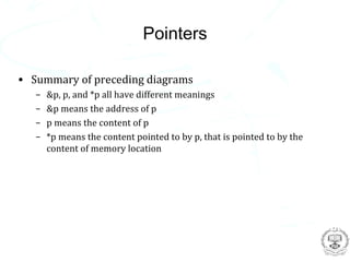 Pointers

• Summary of preceding diagrams
   –   &p, p, and *p all have different meanings
   –   &p means the address of p
   –   p means the content of p
   –   *p means the content pointed to by p, that is pointed to by the
       content of memory location
 