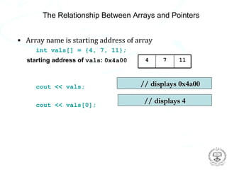 The Relationship Between Arrays and Pointers


• Array name is starting address of array
     int vals[] = {4, 7, 11};
  starting address of vals: 0x4a00    4     7   11



     cout << vals;                   // displays 0x4a00

     cout << vals[0];
                                      // displays 4
 