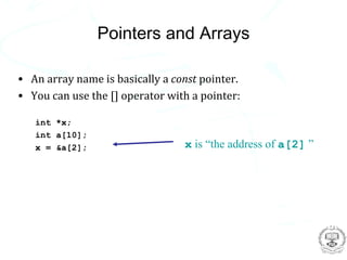 Pointers and Arrays

• An array name is basically a const pointer.
• You can use the [] operator with a pointer:

   int *x;
   int a[10];
   x = &a[2];                    x is “the address of a[2] ”
 