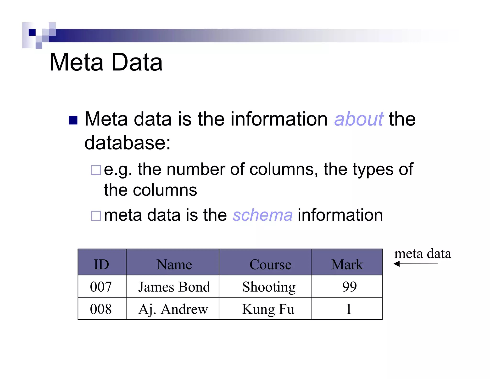 Meta Data

  Meta data is the information about the
  database:
    e.g. the number of columns, the types of
    the columns
    meta data is the schema information

                                         meta data
    ID      Name       Course    Mark
   007   James Bond   Shooting    99
   008   Aj. Andrew   Kung Fu     1
 