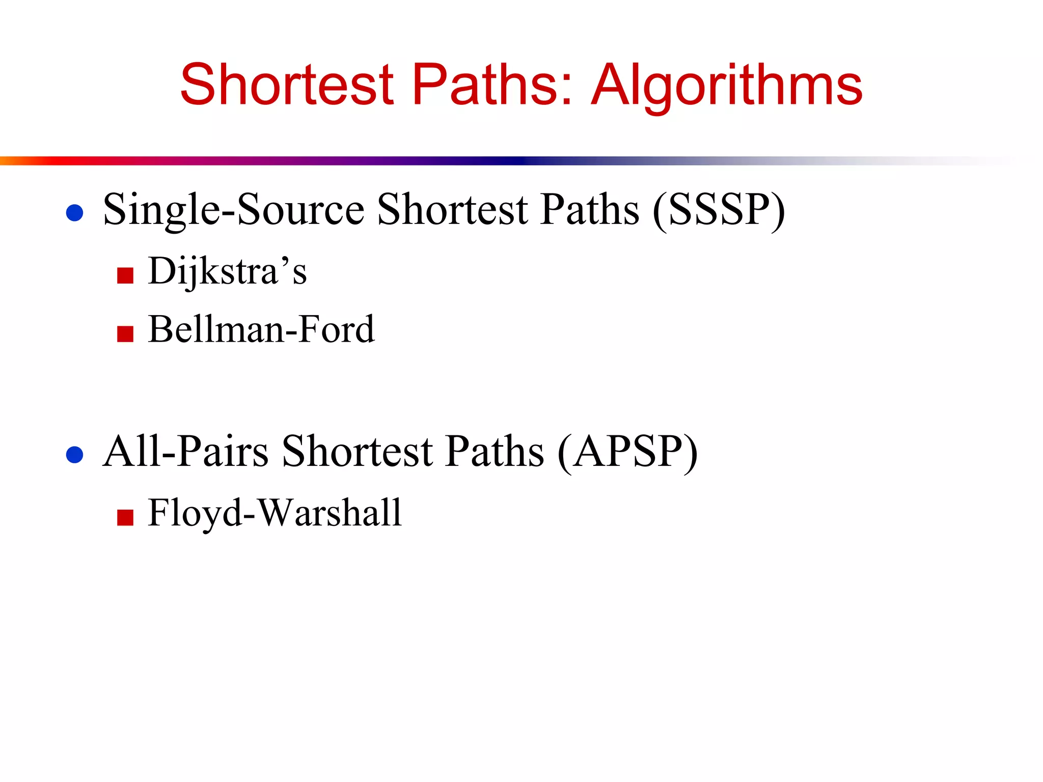 Shortest Paths: Algorithms
● Single-Source Shortest Paths (SSSP)
■ Dijkstra’s
■ Bellman-Ford
● All-Pairs Shortest Paths (APSP)
■ Floyd-Warshall
 