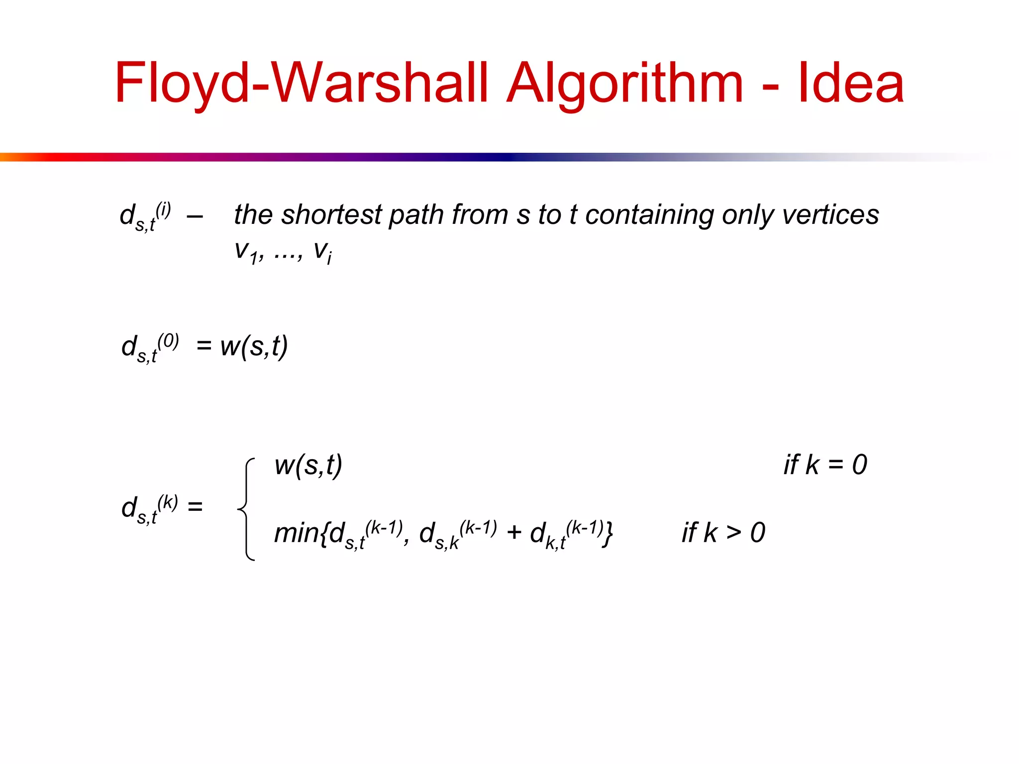 Floyd-Warshall Algorithm - Idea
ds,t
(i) – the shortest path from s to t containing only vertices
v1, ..., vi
ds,t
(0) = w(s,t)
ds,t
(k) =
w(s,t) if k = 0
min{ds,t
(k-1), ds,k
(k-1) + dk,t
(k-1)} if k > 0
 