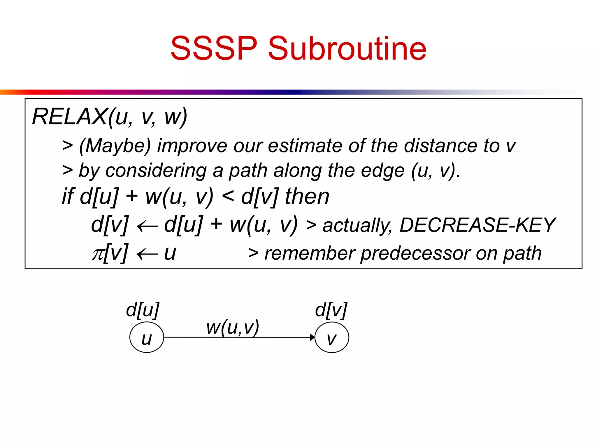 SSSP Subroutine
RELAX(u, v, w)
> (Maybe) improve our estimate of the distance to v
> by considering a path along the edge (u, v).
if d[u] + w(u, v) < d[v] then
d[v]  d[u] + w(u, v) > actually, DECREASE-KEY
p[v]  u > remember predecessor on path
u v
w(u,v)
d[v]d[u]
 