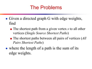 The Problems
● Given a directed graph G with edge weights,
find
■ The shortest path from a given vertex s to all other
vertices (Single Source Shortest Paths)
■ The shortest paths between all pairs of vertices (All
Pairs Shortest Paths)
● where the length of a path is the sum of its
edge weights.
 