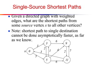 Single-Source Shortest Paths
● Given a directed graph with weighted
edges, what are the shortest paths from
some source vertex s to all other vertices?
● Note: shortest path to single destination
cannot be done asymptotically faster, as far
as we know.
3
11
9
5
0
3
6
5
4
3
6
2
1 2 7s
 