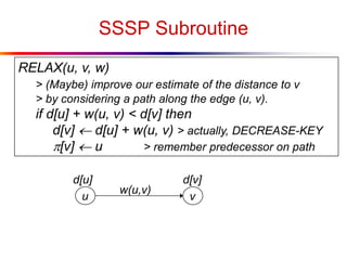 SSSP Subroutine
RELAX(u, v, w)
> (Maybe) improve our estimate of the distance to v
> by considering a path along the edge (u, v).
if d[u] + w(u, v) < d[v] then
d[v]  d[u] + w(u, v) > actually, DECREASE-KEY
p[v]  u > remember predecessor on path
u v
w(u,v)
d[v]d[u]
 