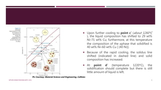  Upon further cooling to point c´ (about 1260°C
), the liquid composition has shifted to 29 wt%
Ni–71 wt% Cu; furthermore, at this temperature
the composition of the αphase that solidified is
40 wt% Ni–60 wt% Cu [ (40 Ni)].
 Because of the rapid cooling, the solidus line
shifted (indicated in dashed line) and solid
composition has increased.
 At point d´ (temperature 1220°C), the
solidification should complete but there is still
little amount of liquid is left.
MTE/III SEMESTER/MSE/MTE 2101 5
Pic Courtesy: Material Science and Engineering, Callister.
 
