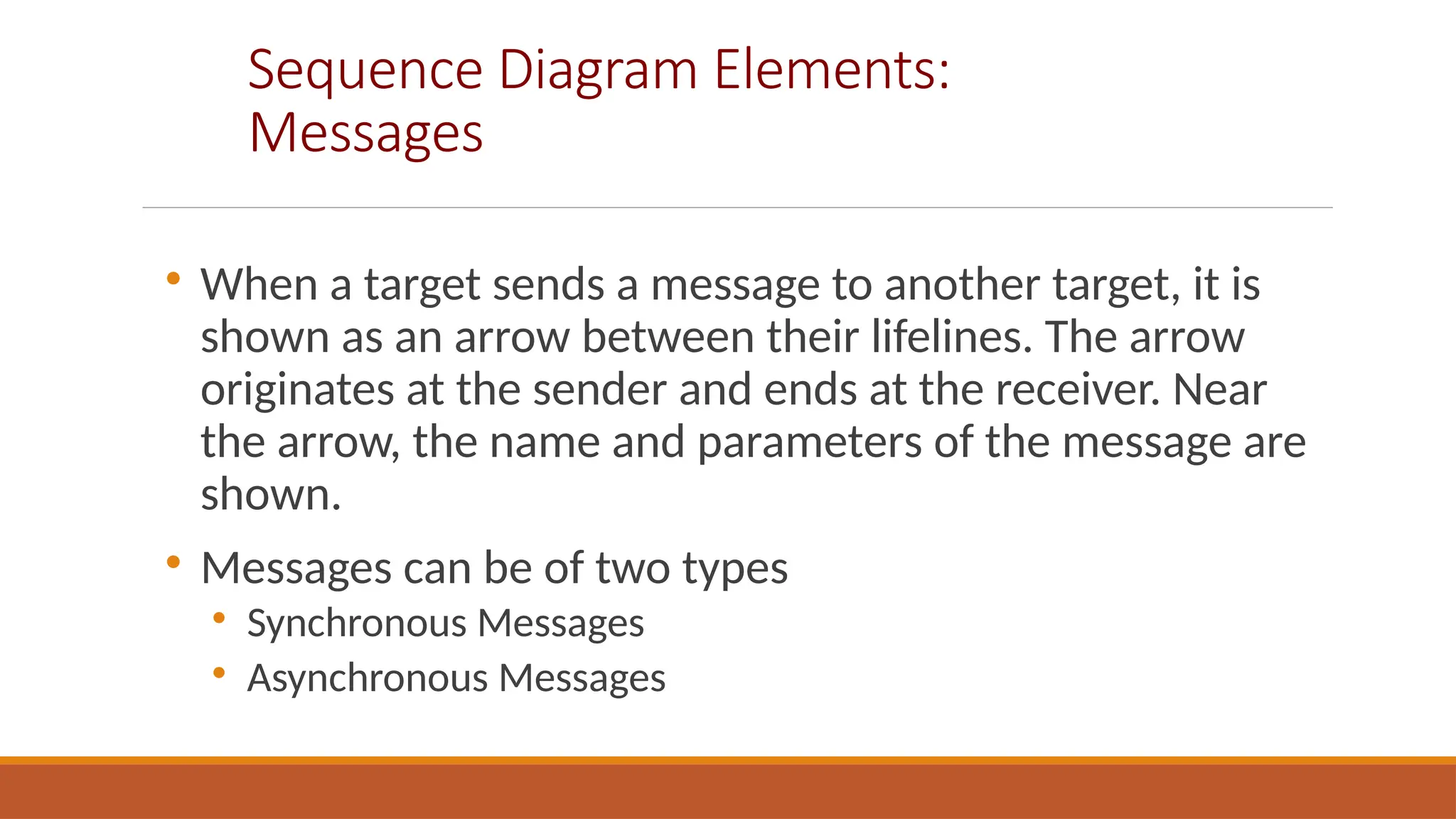 Sequence Diagram Elements:
Messages

When a target sends a message to another target, it is
shown as an arrow between their lifelines. The arrow
originates at the sender and ends at the receiver. Near
the arrow, the name and parameters of the message are
shown.

Messages can be of two types

Synchronous Messages

Asynchronous Messages
 
