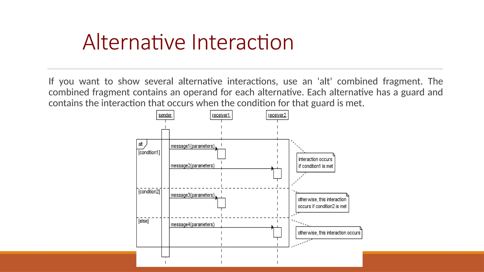 Alternative Interaction
If you want to show several alternative interactions, use an 'alt' combined fragment. The
combined fragment contains an operand for each alternative. Each alternative has a guard and
contains the interaction that occurs when the condition for that guard is met.
 