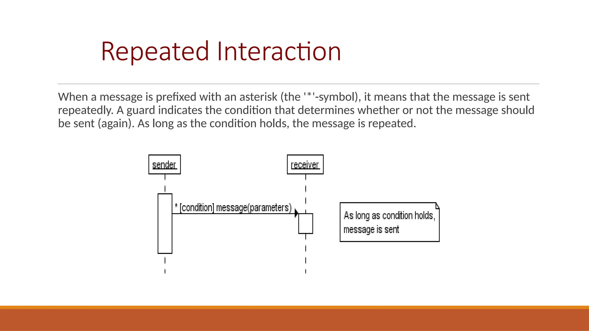 Repeated Interaction
When a message is prefixed with an asterisk (the '*'-symbol), it means that the message is sent
repeatedly. A guard indicates the condition that determines whether or not the message should
be sent (again). As long as the condition holds, the message is repeated.
 