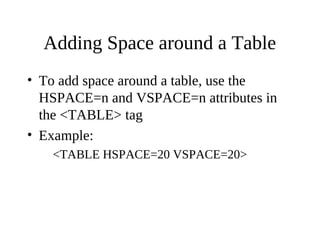 Adding Space around a Table
• To add space around a table, use the
HSPACE=n and VSPACE=n attributes in
the <TABLE> tag
• Example:
<TABLE HSPACE=20 VSPACE=20>
 