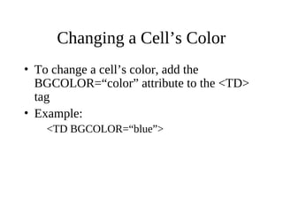 Changing a Cell’s Color
• To change a cell’s color, add the
BGCOLOR=“color” attribute to the <TD>
tag
• Example:
<TD BGCOLOR=“blue”>
 