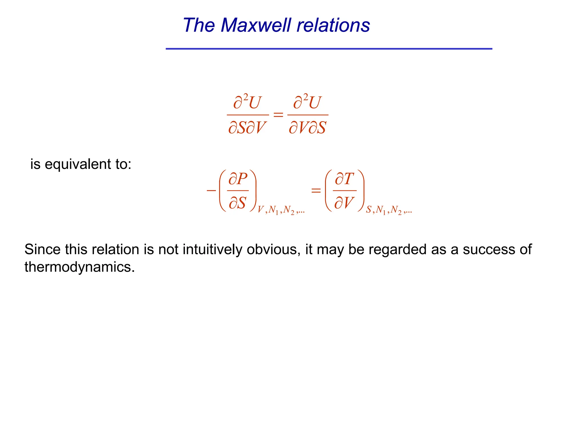 The Maxwell relations
S
V
U
V
S
U
∂
∂
∂
=
∂
∂
∂ 2
2
is equivalent to:
,...
,
,
,...
,
, 2
1
2
1 N
N
S
N
N
V V
T
S
P






∂
∂
=






∂
∂
−
Since this relation is not intuitively obvious, it may be regarded as a success of
thermodynamics.
 