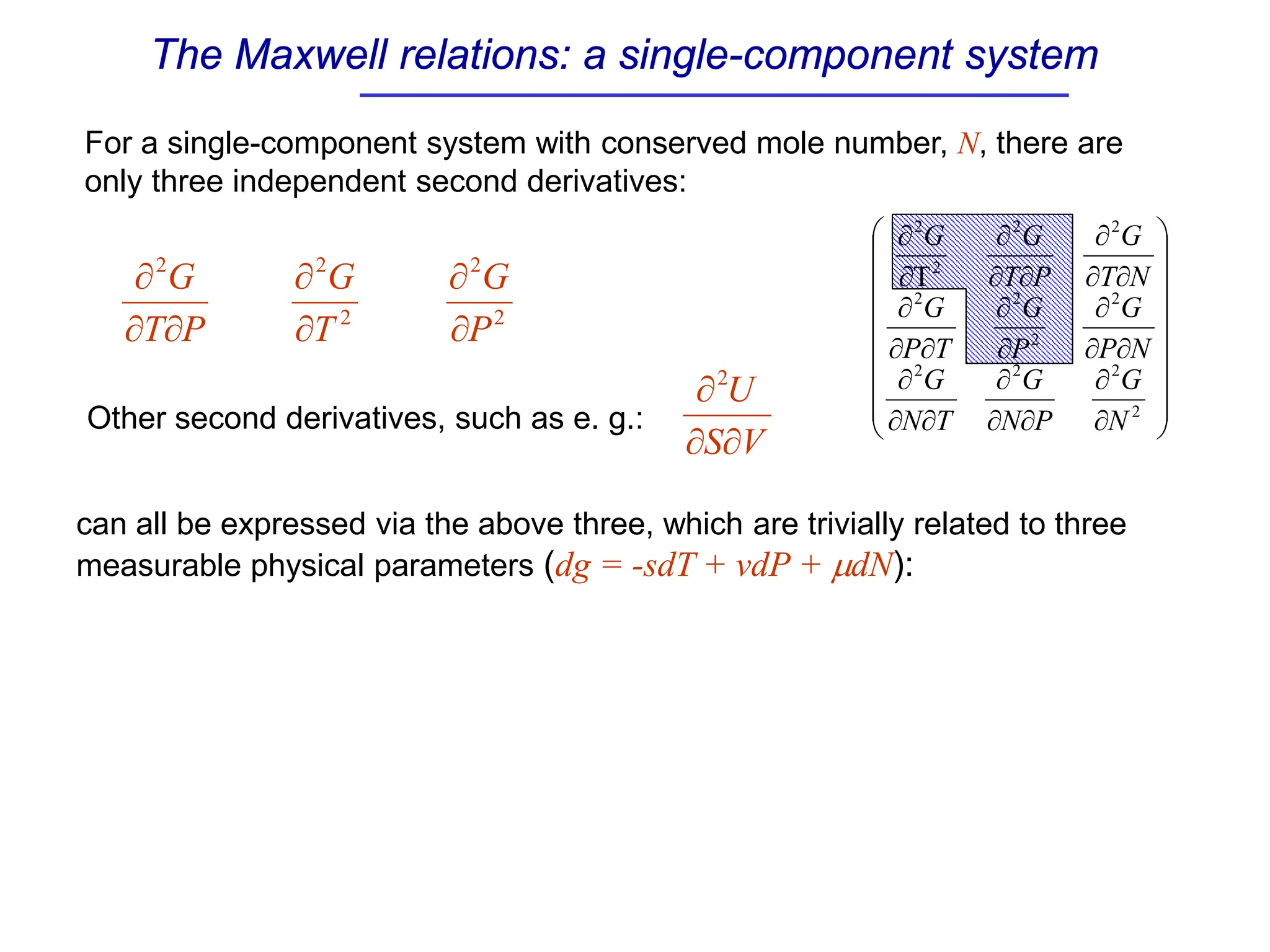The Maxwell relations: a single-component system
For a single-component system with conserved mole number, N, there are
only three independent second derivatives:


















∂
∂
∂
∂
∂
∂
∂
∂
∂
∂
∂
∂
∂
∂
∂
∂
∂
∂
∂
∂
∂
∂
∂
∂
2
2
2
2
2
2
2
2
2
2
2
2
T
N
G
P
N
G
T
N
G
N
P
G
P
G
T
P
G
N
T
G
P
T
G
G
P
T
G
∂
∂
∂2
2
2
T
G
∂
∂
2
2
P
G
∂
∂
Other second derivatives, such as e. g.:
V
S
U
∂
∂
∂2
can all be expressed via the above three, which are trivially related to three
measurable physical parameters (dg = -sdT + vdP + µdN):
 