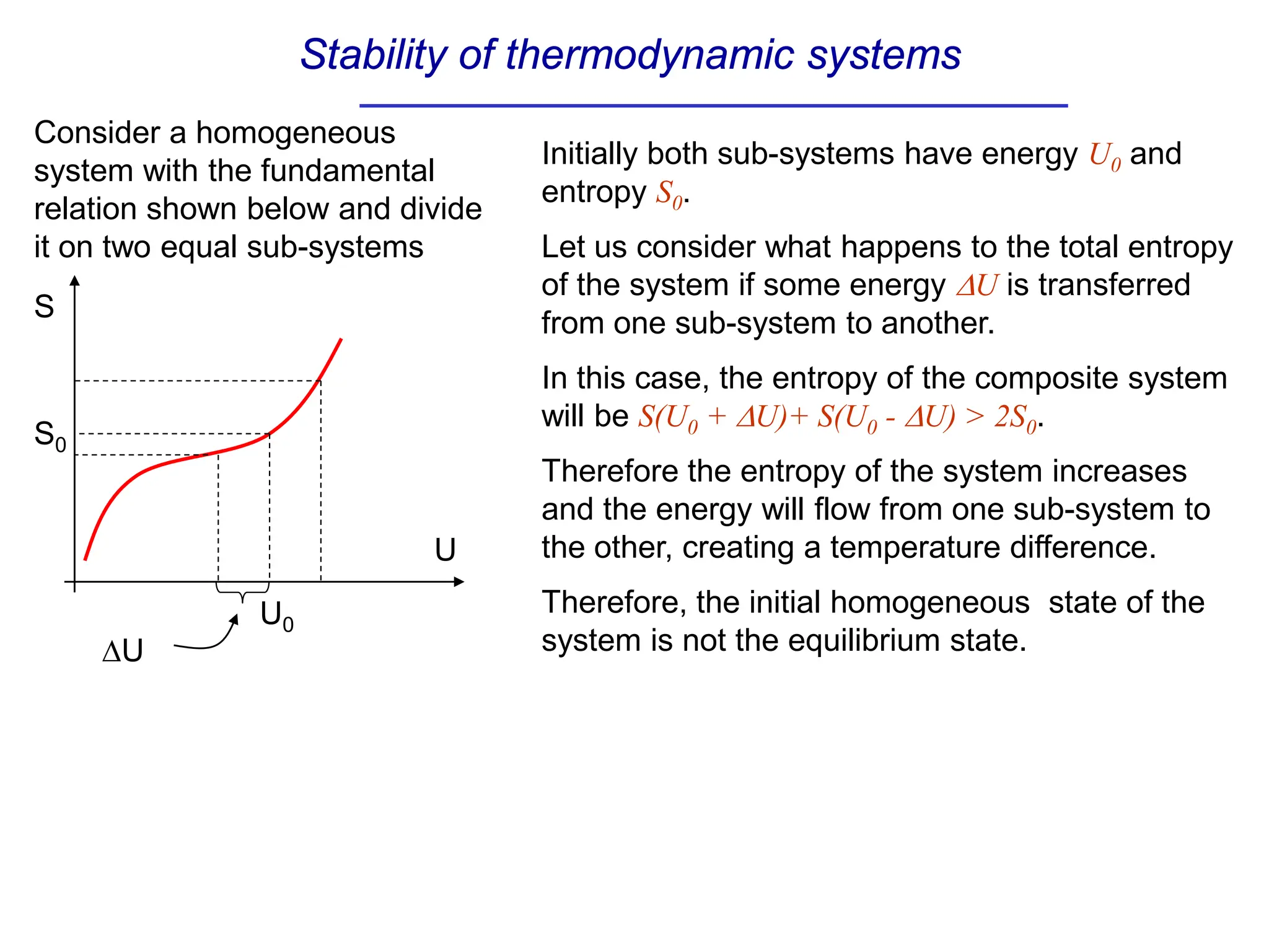 Stability of thermodynamic systems
Initially both sub-systems have energy U0 and
entropy S0.
Let us consider what happens to the total entropy
of the system if some energy ∆U is transferred
from one sub-system to another.
In this case, the entropy of the composite system
will be S(U0 + ∆U)+ S(U0 - ∆U) > 2S0.
Therefore the entropy of the system increases
and the energy will flow from one sub-system to
the other, creating a temperature difference.
Therefore, the initial homogeneous state of the
system is not the equilibrium state.
U
S
S0
U0
∆U
Consider a homogeneous
system with the fundamental
relation shown below and divide
it on two equal sub-systems
 
