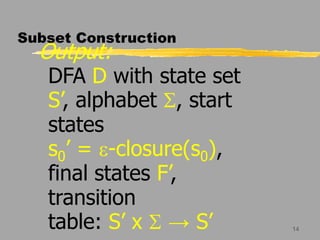 14
Subset Construction
Output:
DFA D with state set
S’, alphabet S, start
states
s0’ = e-closure(s0),
final states F’,
transition
table: S’ x S → S’
 