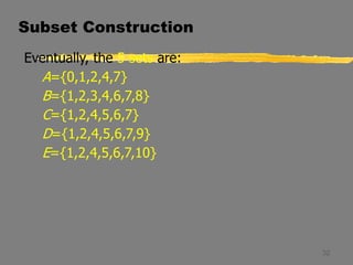 32
Eventually, the 5 sets are:
A={0,1,2,4,7}
B={1,2,3,4,6,7,8}
C={1,2,4,5,6,7}
D={1,2,4,5,6,7,9}
E={1,2,4,5,6,7,10}
Subset Construction
 