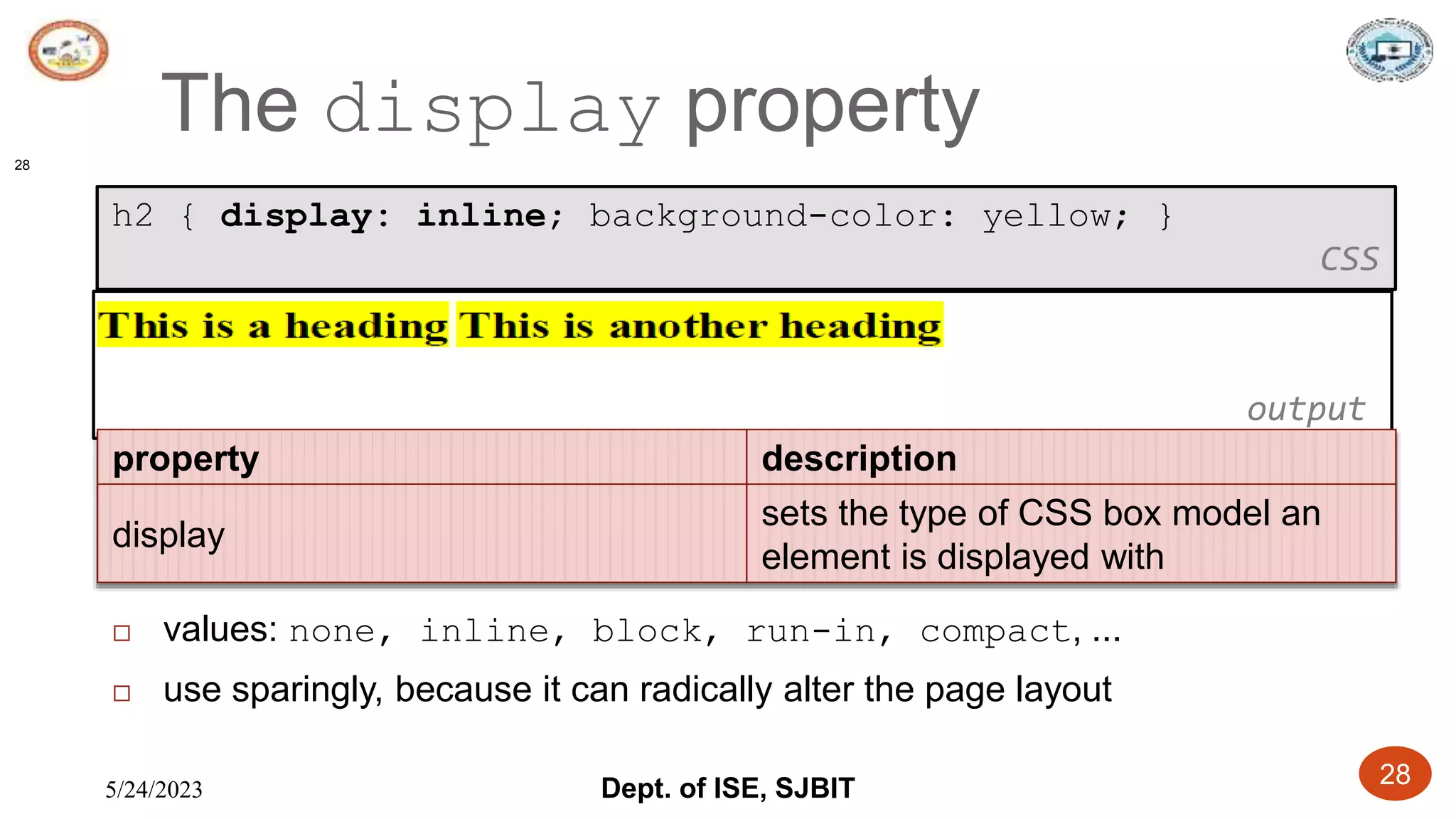 5/24/2023 Dept. of ISE, SJBIT 28
The display property
28
h2 { display: inline; background-color: yellow; }
CSS
 values: none, inline, block, run-in, compact, ...
 use sparingly, because it can radically alter the page layout
output
property description
display
sets the type of CSS box model an
element is displayed with
 