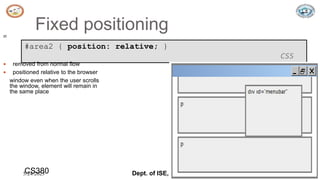 5/24/2023 Dept. of ISE, SJBIT 20
Fixed positioning
20
#area2 { position: relative; }
CSS
 removed from normal flow
 positioned relative to the browser
window even when the user scrolls
the window, element will remain in
the same place
CS380
 