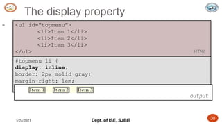 5/24/2023 Dept. of ISE, SJBIT 30
The display property
30
#topmenu li {
display: inline;
border: 2px solid gray;
margin-right: 1em;
} CSS
output
<ul id="topmenu">
<li>Item 1</li>
<li>Item 2</li>
<li>Item 3</li>
</ul> HTML
 