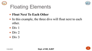 5/24/2023 Dept. of ISE, SJBIT 5
Floating Elements
 Float Next To Each Other
 In this example, the three divs will float next to each
other.
 Div 1
 Div 2
 Div 3
 