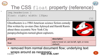 5/24/2023 Dept. of ISE, SJBIT 6
The CSS float property (reference)
6
img.headericon {
float: right; width: 130px;
} CSS
 removed from normal document flow; underlying text
wraps around as necessary
Ghostbusters is a 1984 American science fiction comedy
film written by co-stars Dan Aykroyd and Harold Ramis
about three eccentric New York City
parapsychologists-turned-ghost capturers.
output
property description
float
side to hover on; can be left, right, or none
(default)
 