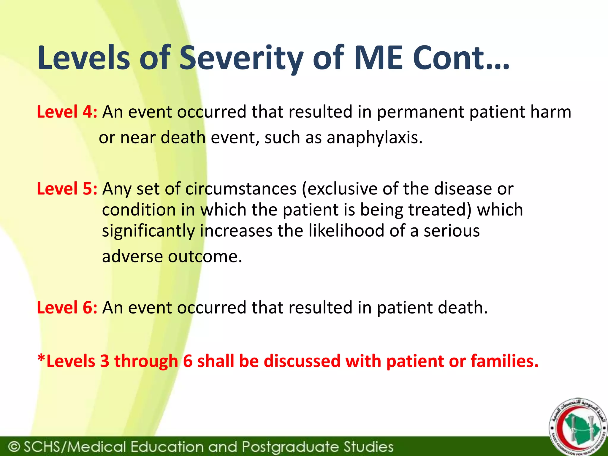 Levels of Severity of ME Cont…
Level 4: An event occurred that resulted in permanent patient harm
or near death event, such as anaphylaxis.
Level 5: Any set of circumstances (exclusive of the disease or
condition in which the patient is being treated) which
significantly increases the likelihood of a serious
adverse outcome.
Level 6: An event occurred that resulted in patient death.
*Levels 3 through 6 shall be discussed with patient or families.
 