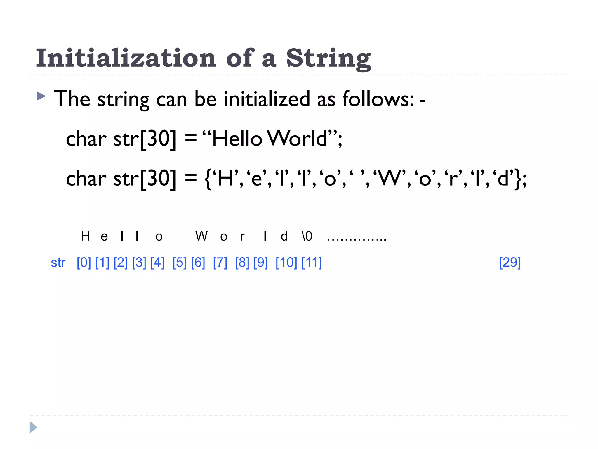 Initialization of a String  The string can be initialized as follows: - char str[30] = “Hello World”; char str[30] = {‘H’,‘e’,‘l’,‘l’,‘o’,‘ ’,‘W’,‘o’,‘r’,‘l’,‘d’}; H e l l o W o r l d 0 ………….. str [0] [1] [2] [3] [4] [5] [6] [7] [8] [9] [10] [11] [29] 