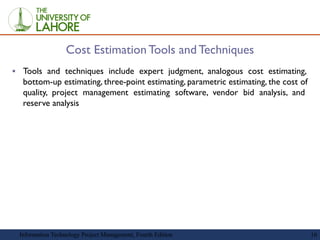 16
Cost Estimation Tools and Techniques
▪ Tools and techniques include expert judgment, analogous cost estimating,
bottom-...