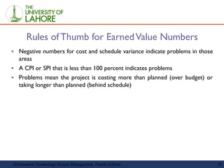 38
Rules of Thumb for EarnedValue Numbers
▪ Negative numbers for cost and schedule variance indicate problems in those
are...