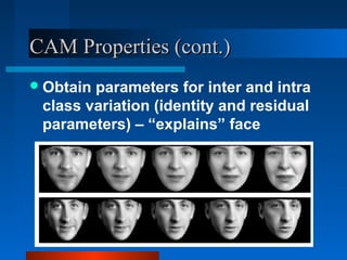CAM Properties (cont.)
 Obtainparameters for inter and intra
 class variation (identity and residual
 parameters) – “explains” face
 