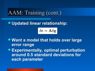 AAM: Training (cont.)
 Updated   linear relationship:


 Want  a model that holds over large
  error range
 Experimentally, optimal perturbation
  around 0.5 standard deviations for
  each parameter
 