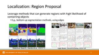 Localization: Region Proposal
Leverage methods that can generate regions with high likelihood of
containing objects
• E.g., bottom-up segmentation methods, using edges
5
Selective Search, Sande et al., ICCV’11 Edge Boxes. Zitnick & Dollar, ECCV’14
 