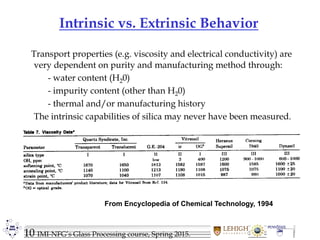10 IMI-NFG’s Glass Processing course, Spring 2015.
Intrinsic vs. Extrinsic Behavior
Transport properties (e.g. viscosity and electrical conductivity) are
very dependent on purity and manufacturing method through:
- water content (H20)
- impurity content (other than H20)
- thermal and/or manufacturing history
The intrinsic capabilities of silica may never have been measured.
From Encyclopedia of Chemical Technology, 1994
 