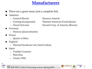 32 IMI-NFG’s Glass Processing course, Spring 2015.
Manufacturers
 There are a great many (not a complete list)
 America
– General Electric Heraeus Amersil
– Corning Incorporated Thermal American Fused Quartz
– Osram Sylvania Dynasil Corp. of America (Russia)
 Germany
– Heraeus Quarzschmelze
 France
– Quartz et Silice
 England
– Thermal Syndicate Ltd./Saint Gobain
 Japan
– Toshiba Ceramics
– Shin-Etsu
– Tosoh./NSG
 