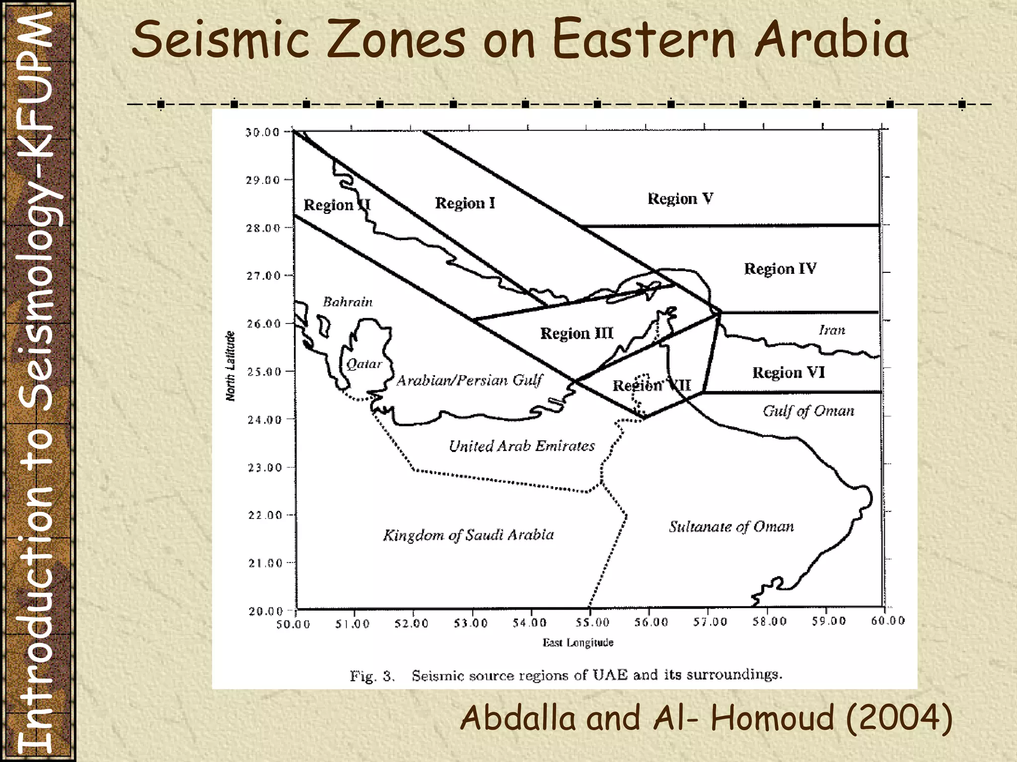 Seismic Zones on Eastern Arabia   Introduction to Seismology-KFUPM Abdalla and Al- Homoud (2004) 