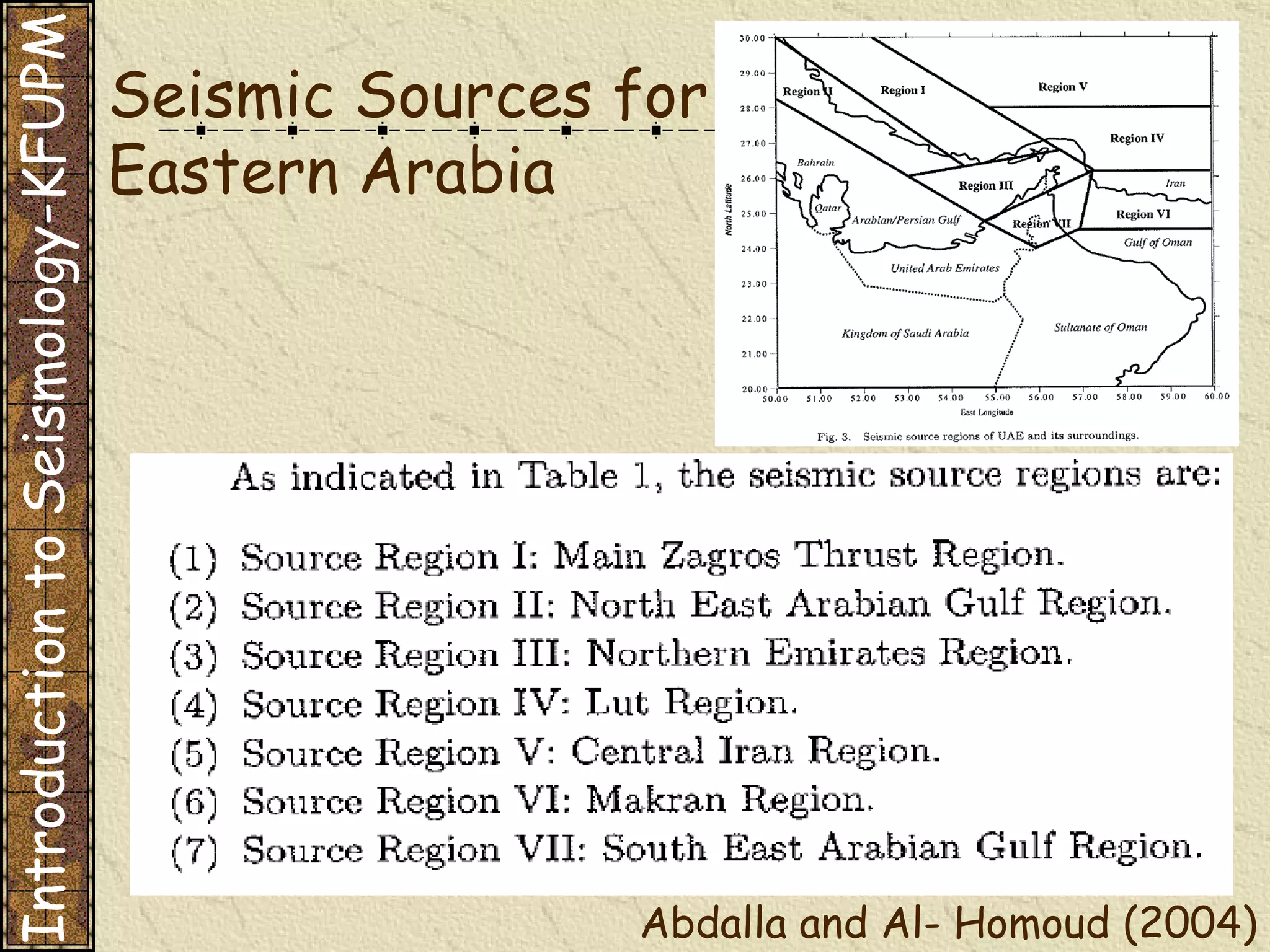 Seismic Sources for Eastern Arabia Introduction to Seismology-KFUPM Abdalla and Al- Homoud (2004) 