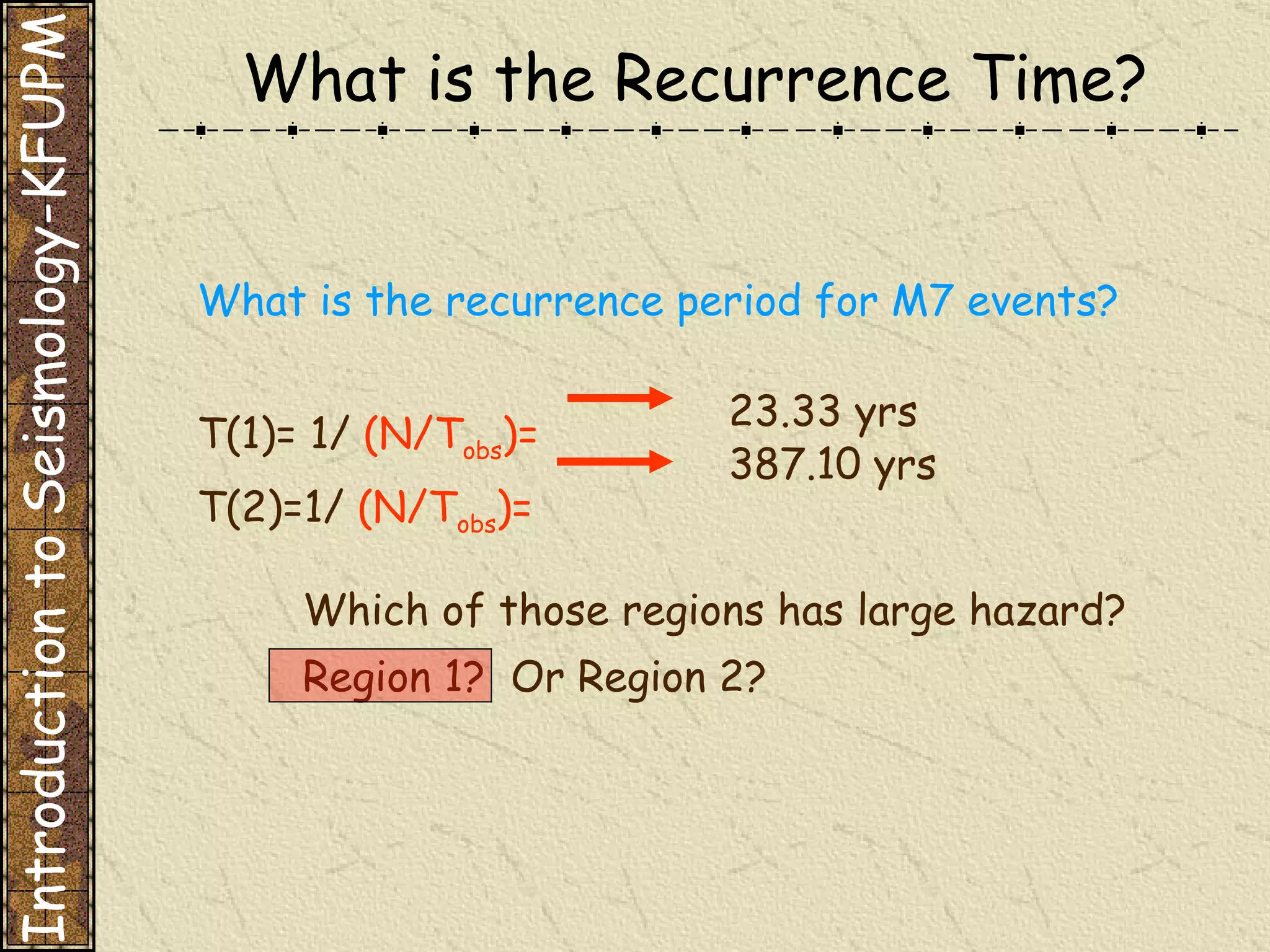 What is the Recurrence Time? What is the recurrence period for M7 events? T(1)= 1/   (N/T obs )=  T(2)=1/   (N/T obs )=  23.33   yrs 387.10 yrs Which of those regions has large hazard? Region 1?  Or Region 2? Introduction to Seismology-KFUPM 