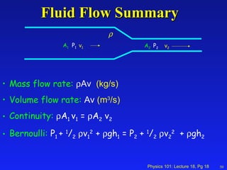 Fluid Flow Summary Mass flow rate:   Av  (kg/s) Volume flow rate:  Av  (m 3 /s)   Continuity:   A 1  v 1  =   A 2  v 2  Bernoulli:  P 1  +  1 / 2    v 1 2  +   gh 1  = P 2  +  1 / 2    v 2 2   +   gh 2   50 A 1   P 1 A 2  P 2 v 1 v 2  