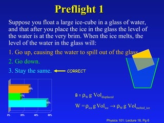 Suppose you float a large ice-cube in a glass of water, and that after you place the ice in the glass the level of the water is at the very brim. When the ice melts, the level of the water in the glass will:  1. Go up, causing the water to spill out of the glass.  2. Go down.  3. Stay the same. Preflight 1 B =    W  g   Vol displaced W =    ice  g   Vol ice      W  g   Vol melted_ice CORRECT 