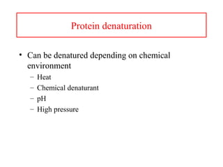 Protein denaturation
• Can be denatured depending on chemical
environment
– Heat
– Chemical denaturant
– pH
– High pressure
 