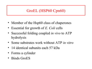 GroEL (HSP60 Cpn60)
• Member of the Hsp60 class of chaperones
• Essential for growth of E. Coli cells
• Successful folding coupled in vivo to ATP
hydrolysis
• Some substrates work without ATP in vitro
• 14 identical subunits each 57 kDa
• Forms a cylinder
• Binds GroES
 